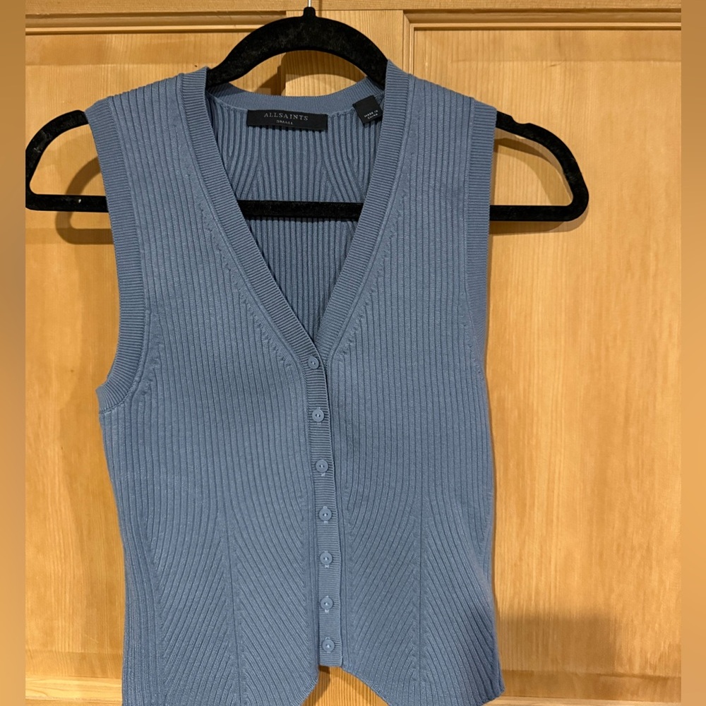 AllSaints Ribbed Button-Front Slvls Top - Dusty Blue S